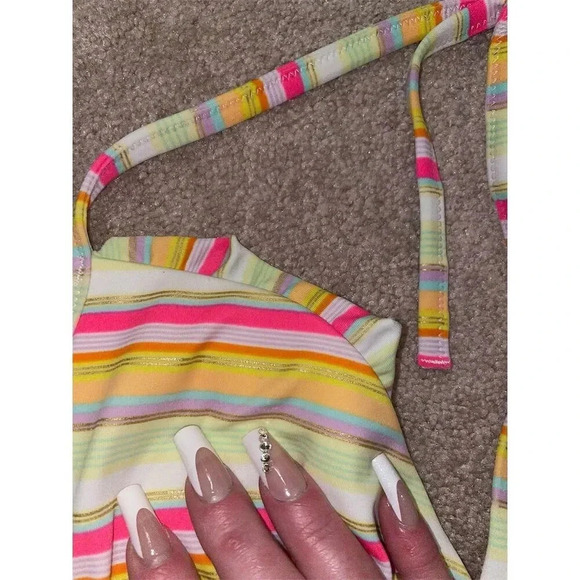 Victoria's Secret Striped String Bikini Top 34DD Multicolor Ruffle Detail - Picture 8 of 13